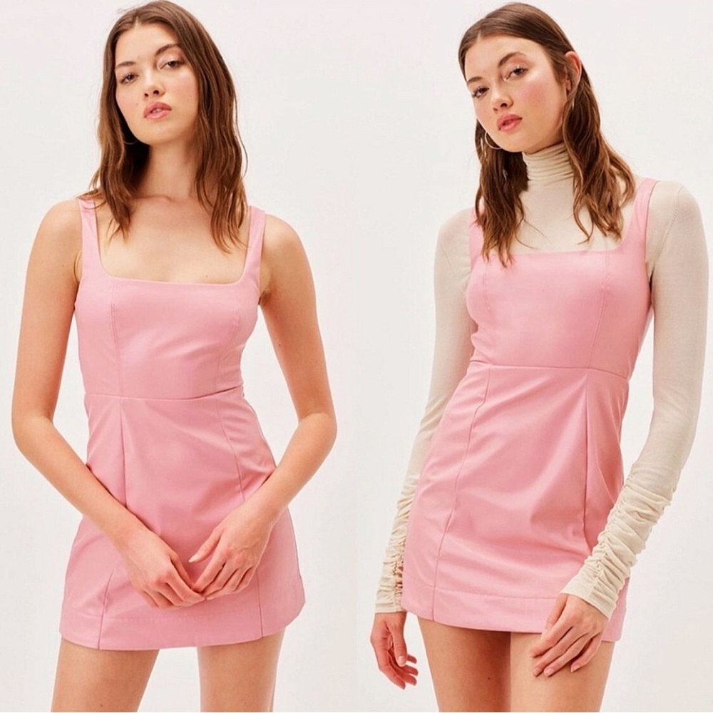 For Love & Lemons Talia Pink Faux Leather A-Line Mini Dress w/ Open Back | Sz XS
